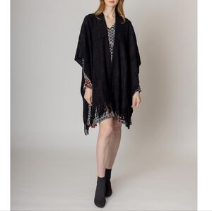 Black Crochet Shawl Fringe Poncho Scarf Sweater Open Front Cape Womens Wrap